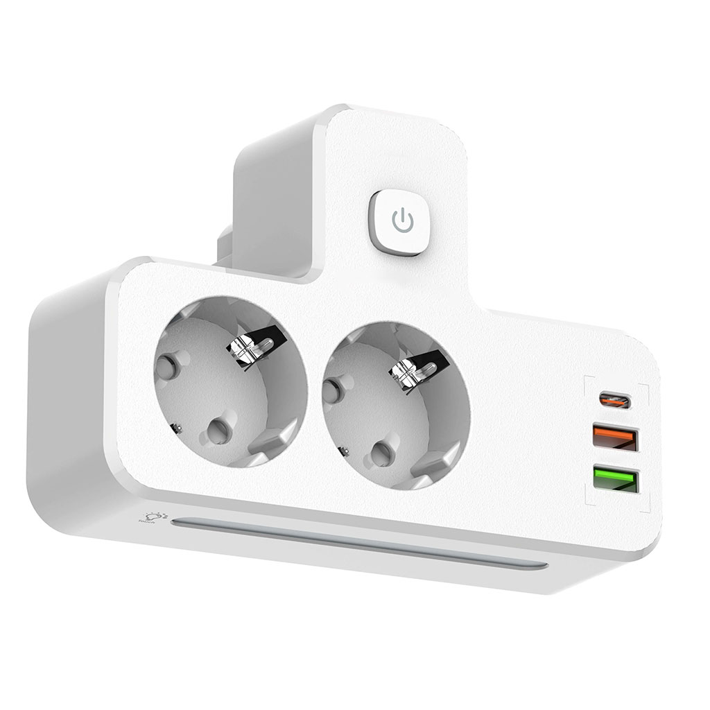 216U-2.jpg Rallonge Mural Multifonction – 2 Prises Européennes, 3 Ports USB (dont USB-C) et Lumière LED – مقبس طاقة - الصورة 1