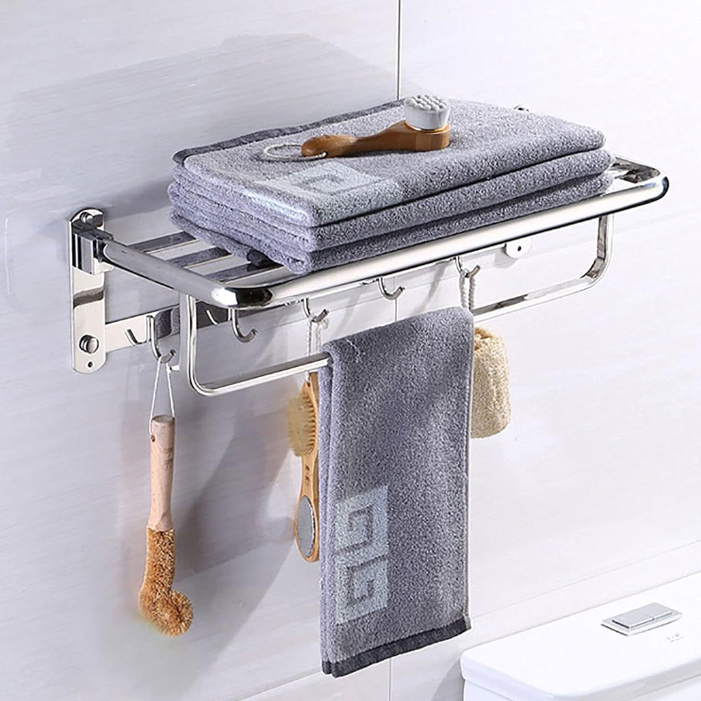 Bathroom-Hanger-V2-cnc3-1.jpg Porte-serviettes mural pliable en acier inoxydable avec crochets GM – علاقة مناشف قابلة للطي - الصورة 1