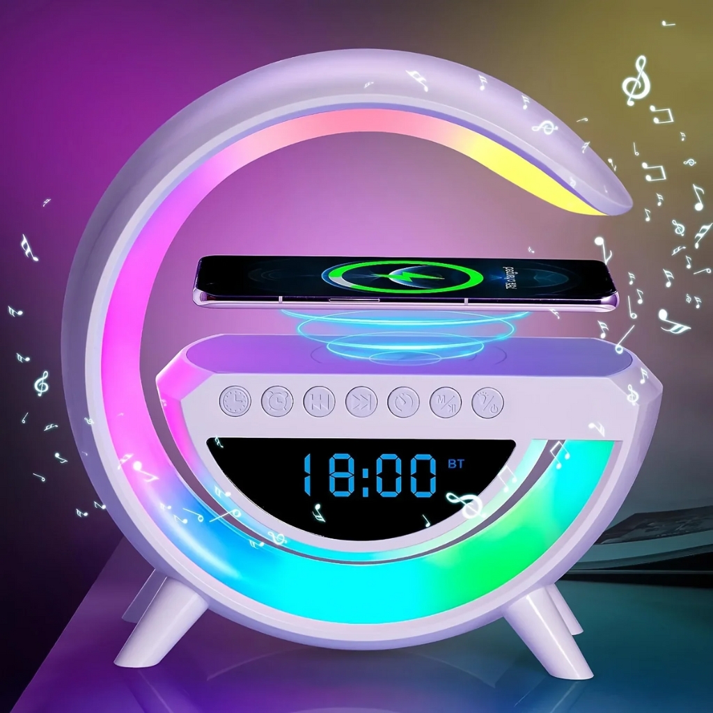 xr:d:DAFjwFxDvhU:257,j:7679052524764412951,t:24011113 Réveil et Haut-parleur Bluetooth RGB intelligente type Big G Wireless Charger V3 - BT-3401 - الصورة 1