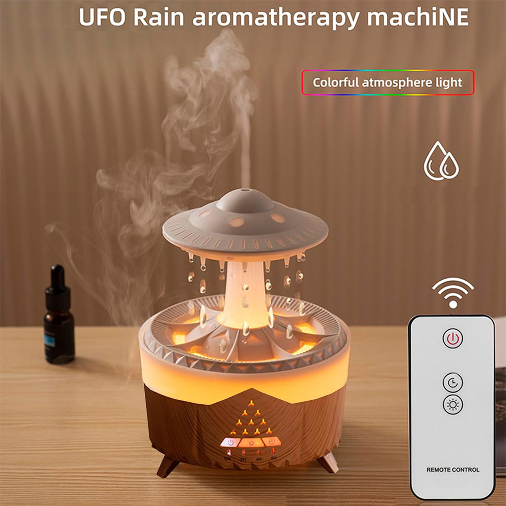 Humd-Rain-1-2.jpg Lampe d’humidification par gouttelettes d’eau 350ML ultrasonique, avec télécommande - الصورة 1