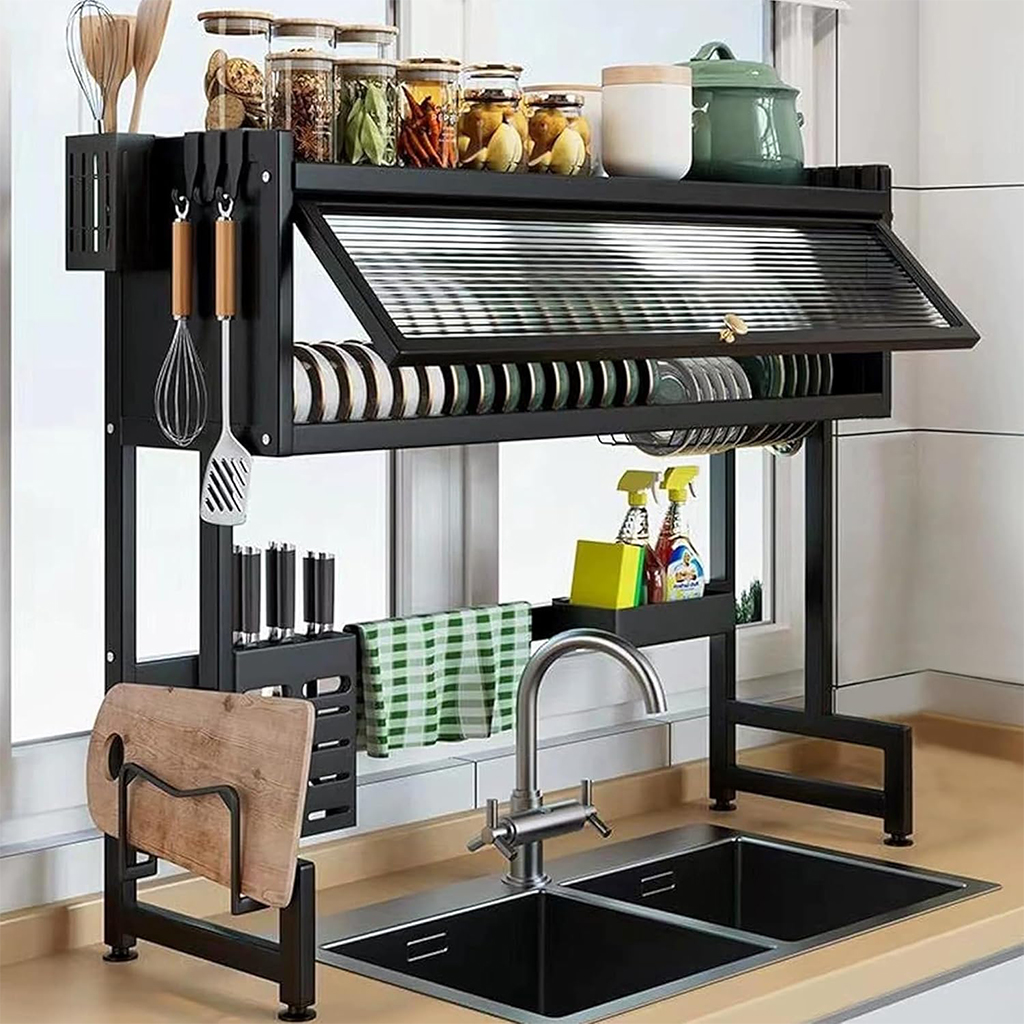 Kitchen-Rack-newV-CNC.jpg Égouttoir à vaisselle à 3 niveaux avec couvercle à poser sur l’évier – منظم أواني عصري للمطبخ - الصورة 1
