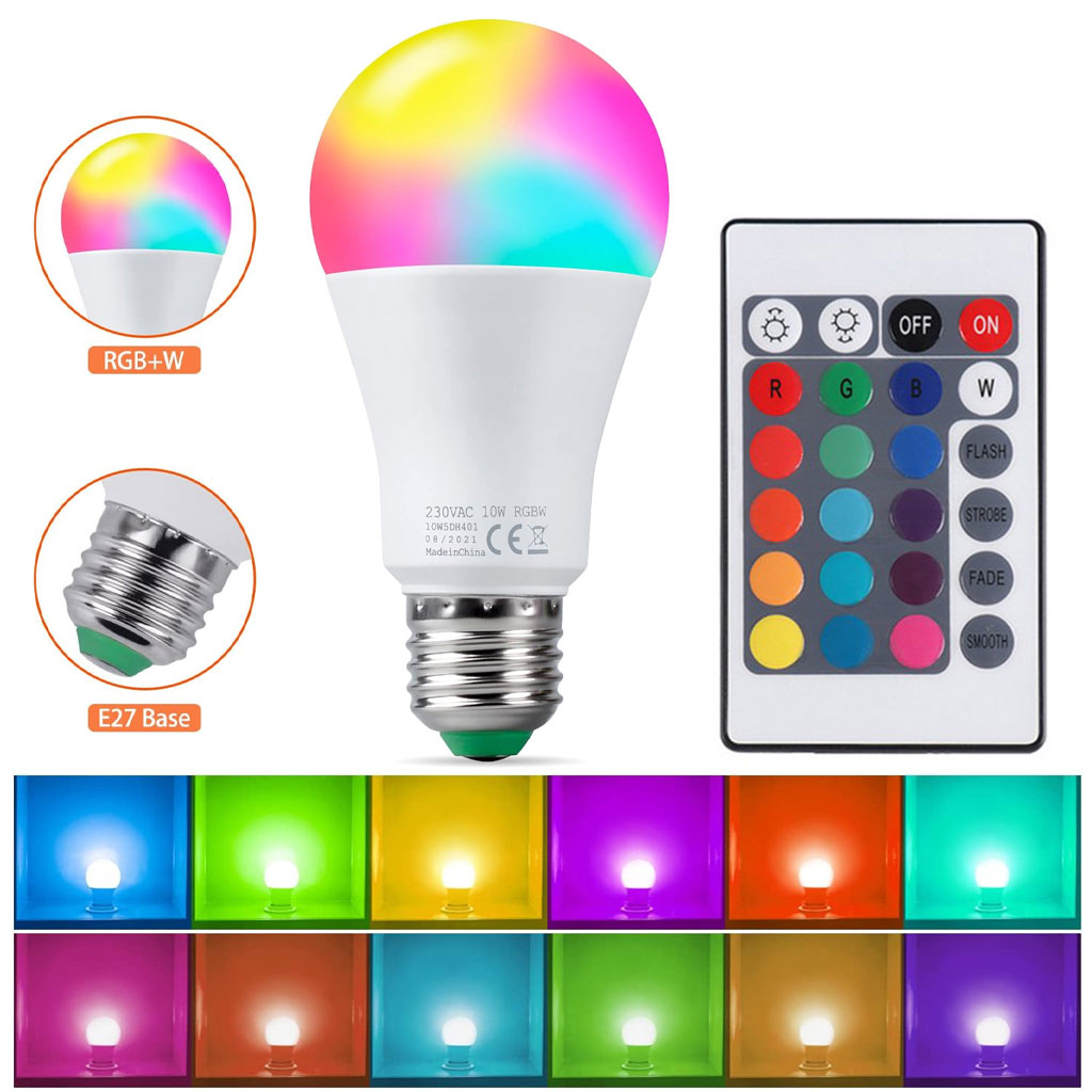 LED-RGBW-CNC-1.jpg Ampoule LED RGBW E27 à intensité variable 16 couleurs – مصباح بأضواء ملونة - الصورة 1