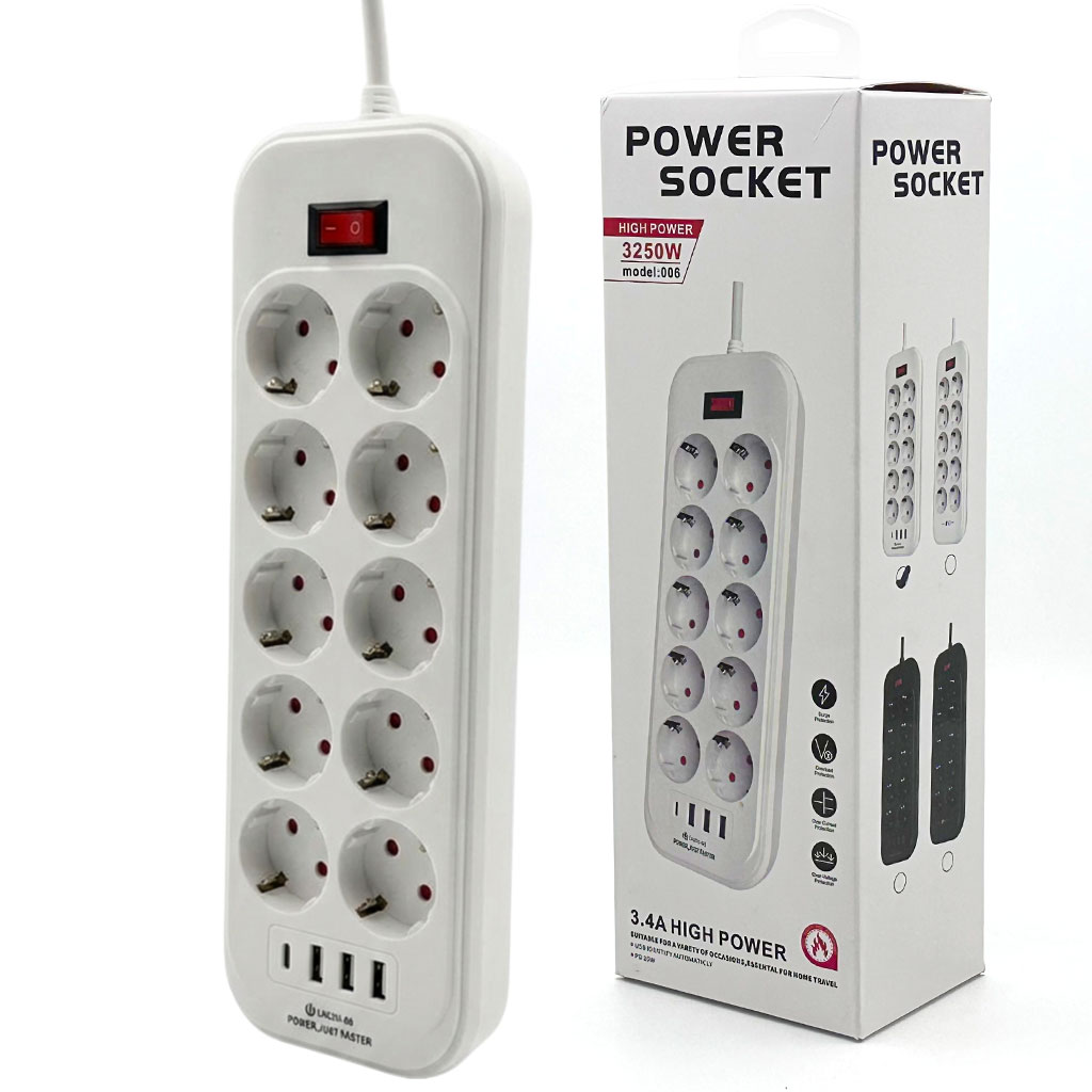 Power-Socket-3250W-cnc-1.jpg Rallonge Multiprise 10 Prises et 4 Ports USB Haute Puissance 3250W – مقبس طاقة متعدد المنافذ - الصورة 1