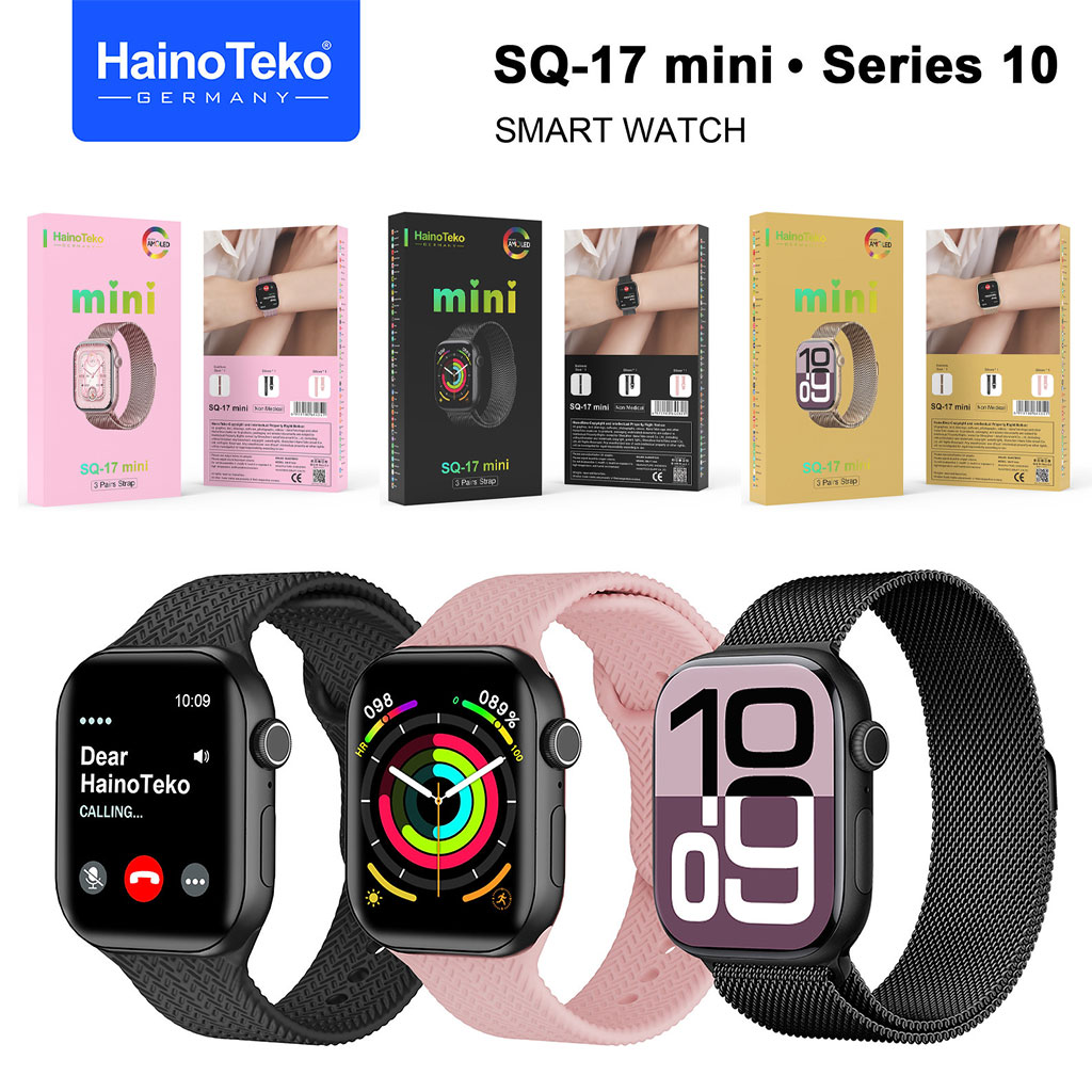 SQ17-Mini-cnc-1.jpg HainoTeko SQ-17 Mini Smart Watch Series 10 AMOLED avec 3 Bracelets – ساعة ذكية أصلية للنساء - الصورة 1