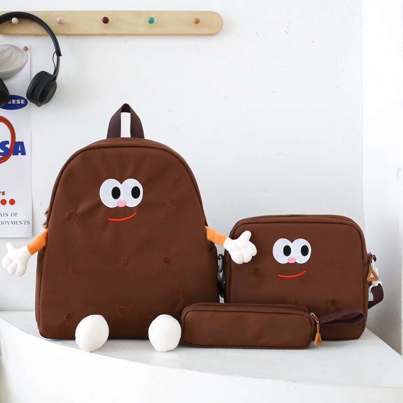 Sac-Chinois-V17-13.jpg Ensemble de sacs d’école Kawai pour adolescents 3Pcs Language Marron – محفظة 3 قطع كاواي بني - الصورة 1