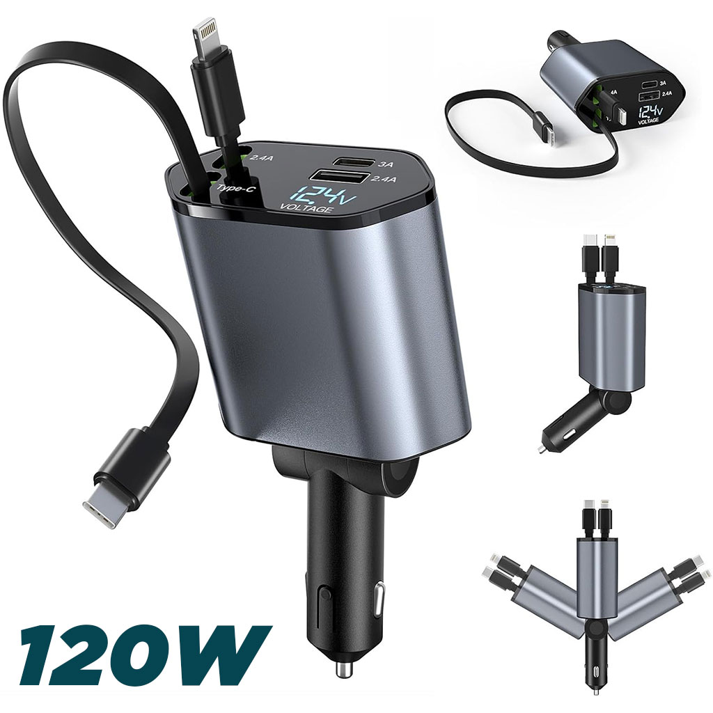 T01-CNC-1.jpg Chargeur de Voiture Rétractable 4en1 120W – شاحن سريع - الصورة 1