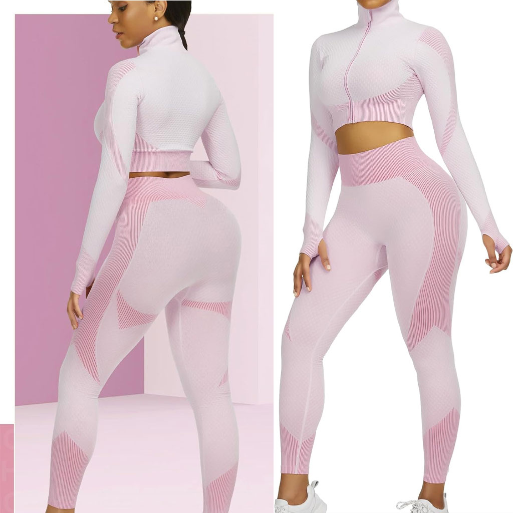 Tenue-femmes-gym-cnc-rose.jpg Ensembles d'entraînement pour femmes - Tenue de gymnastique sans couture à 2 pièces Rose - الصورة 1
