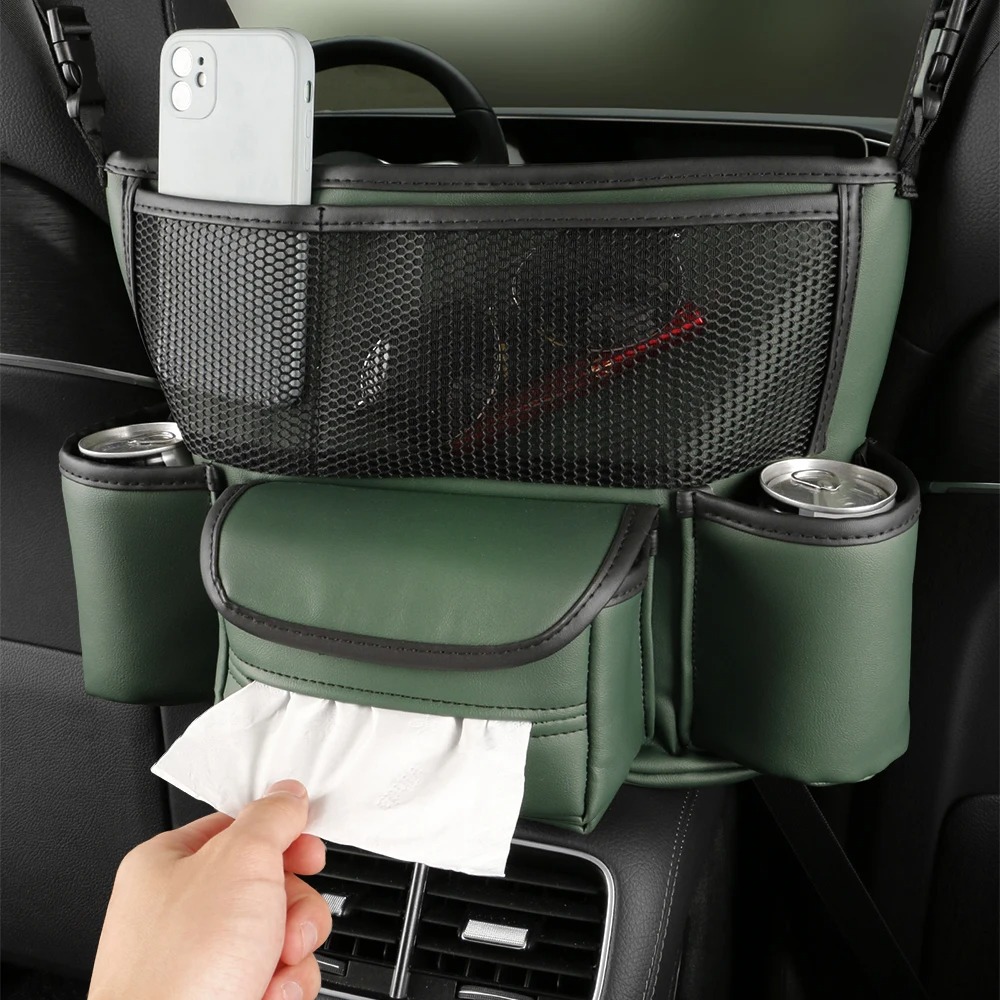 e0dea0d0-5f2d-42f8-8260-d9960b3902f4.jpg Sac de rangement en cuir pour siège de voiture, cintre central, sac à main automatique, support entre les sièges, poches pour gobelets à eau en tissu, évaluation de rangement - الصورة 1