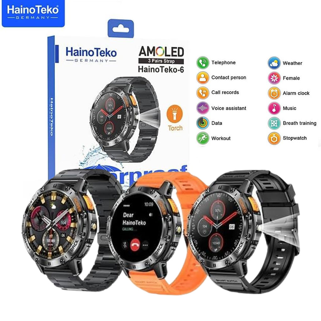 haino-teko-6-cnc.jpg HainoTeko-6 avec écran AMOLED 3 paires de bracelets et lampe torche intégrée - ساعة ذكية أصلية - الصورة 1